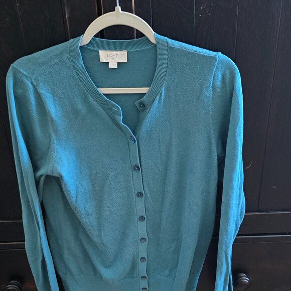 Loft Outlet Crew Neck Cardigan, Size S teal blue - Picture 1 of 3
